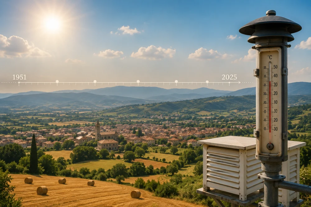 Vista del Mugello con stazione termometrica di Borgo San Lorenzo sullo sfondo — serie storica 1951–2025
